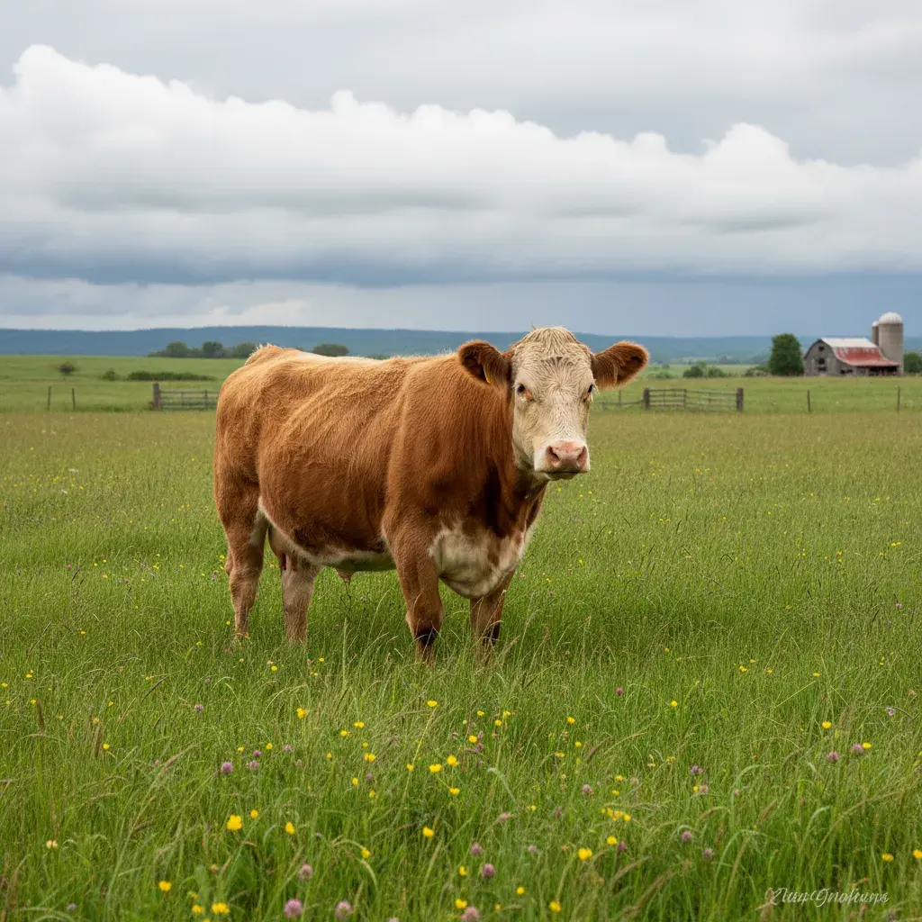 Liela brūna un balta govs zaļā ganībā